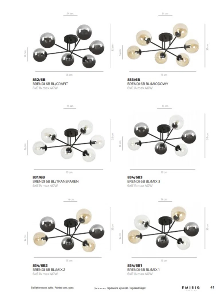 Lampa Sufitowa Brendi 6B Bl Mix 3 834/6B3 6Xe14 transparentna/grafitowa