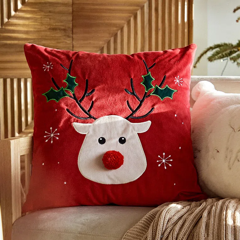 Poszewka REINDEER z pomponem czerwona 45x45 cm