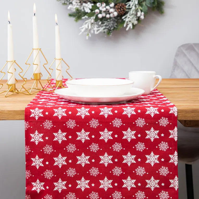 Bieżnik LOHJA w śnieżynki czerwony 40x160 cm