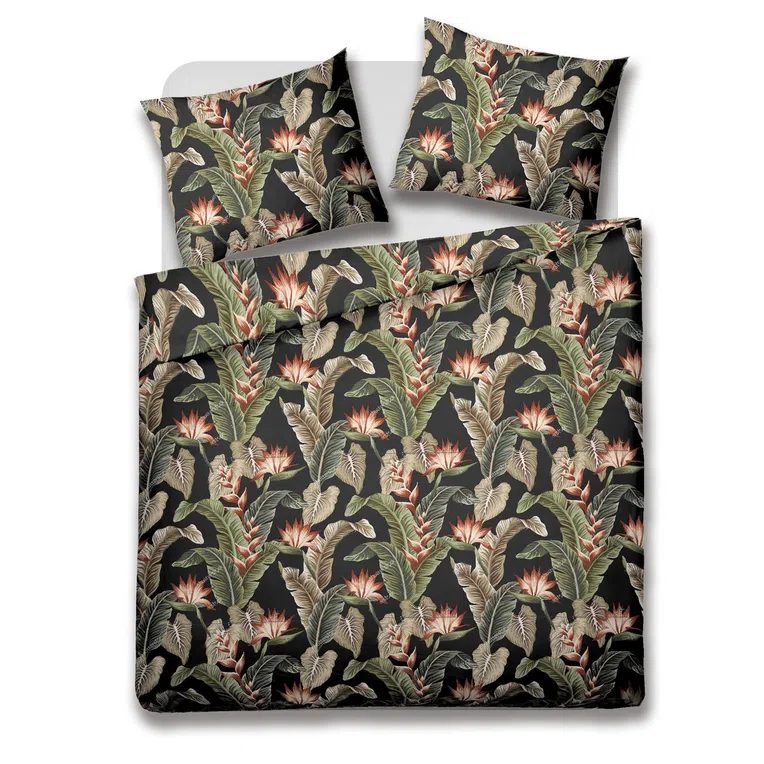 Pościel BELAGA z mikrofibry czarna w liście i kwiaty 200x220 cm