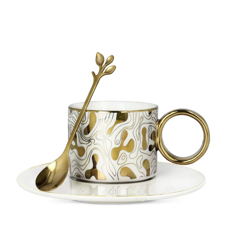 Filiżanka NILA biało-złota ze spodkiem i łyżeczką 0,15 l
