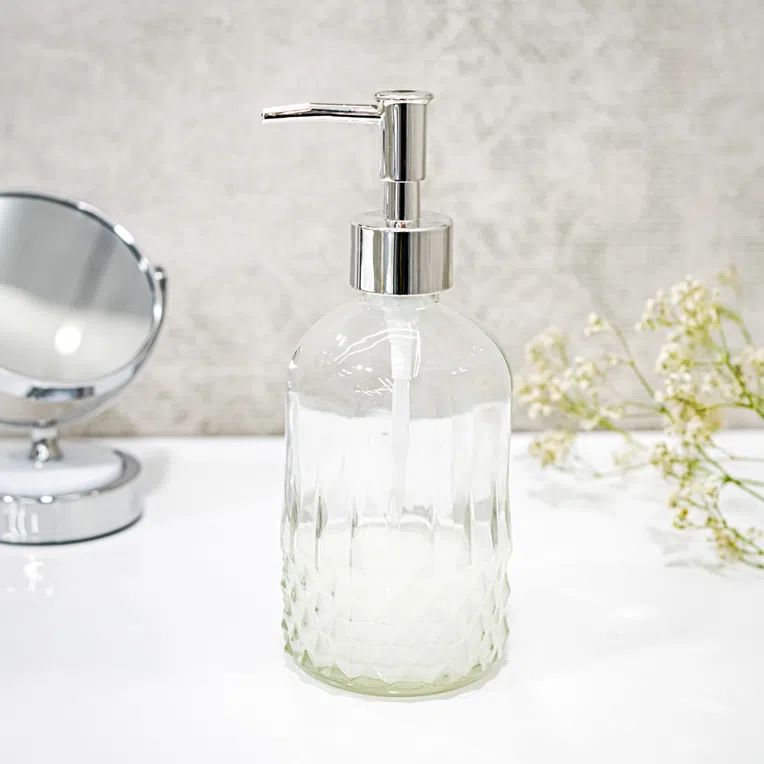 Dozownik NOTTO szklany transparentny z srebrną pompką 410 ml