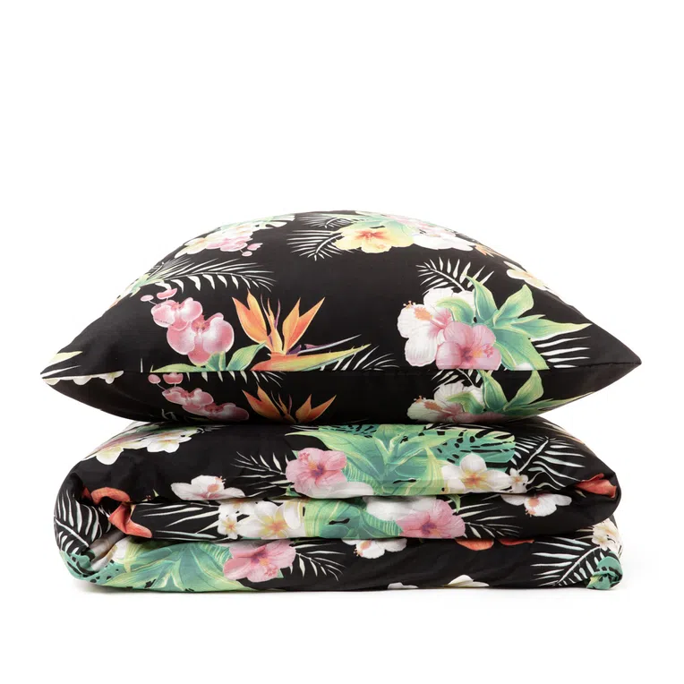 Pościel TROPICAL z mikrofibry czarna z motywem kwiatowym 200x220 cm