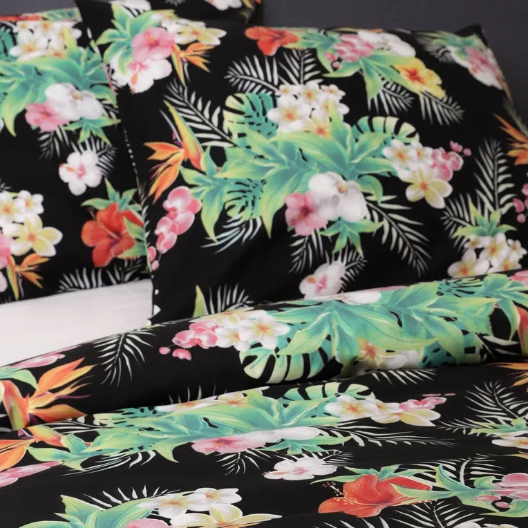 Pościel TROPICAL z mikrofibry czarna z motywem kwiatowym 200x220 cm