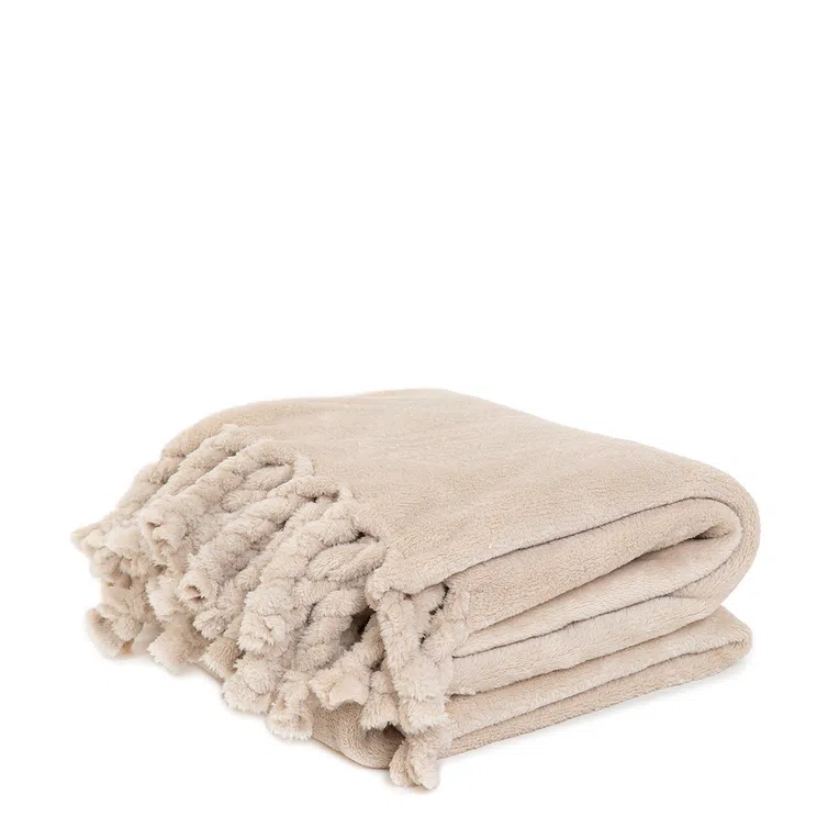 Koc BRAID gładki z frędzlami beżowy 130x190 cm