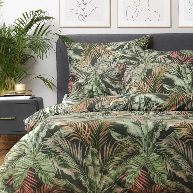 Pościel ALMO z mikrofibry zielona w liście 160x200 cm