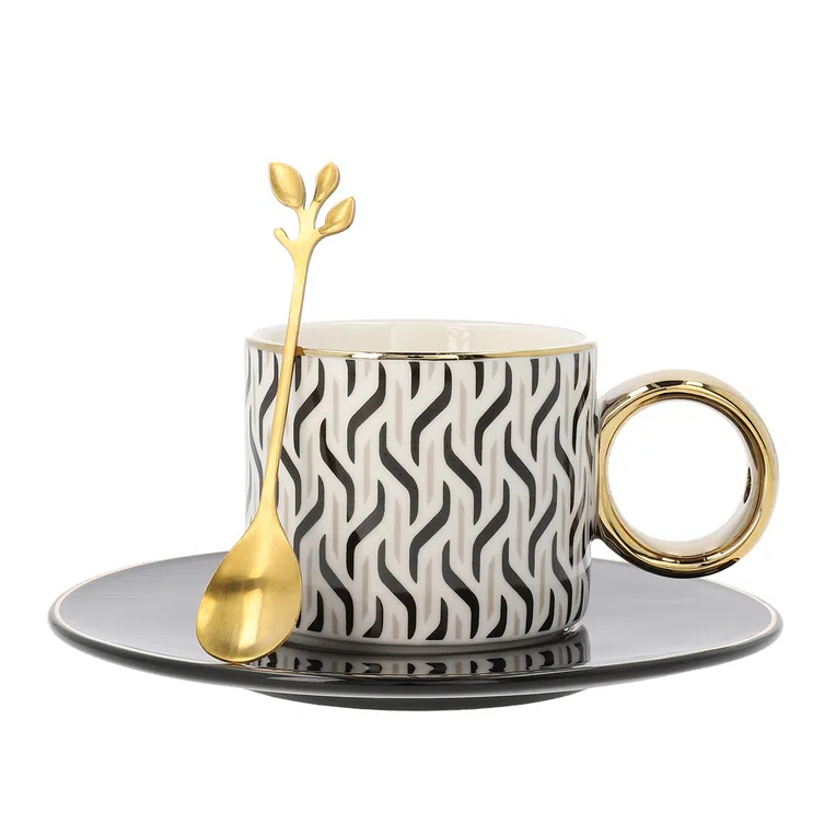 Filiżanka B2NILA biało-czarna ze spodkiem i łyżeczką 0,24 l