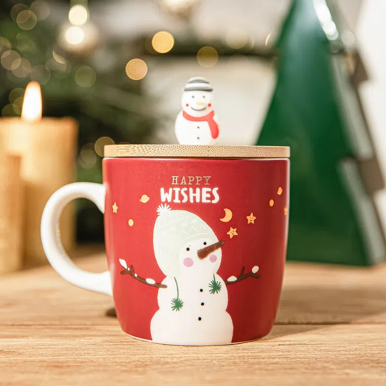 Kubek MOLDY czerwony z bałwankiem i ozdobną pokrywką 0,3 l