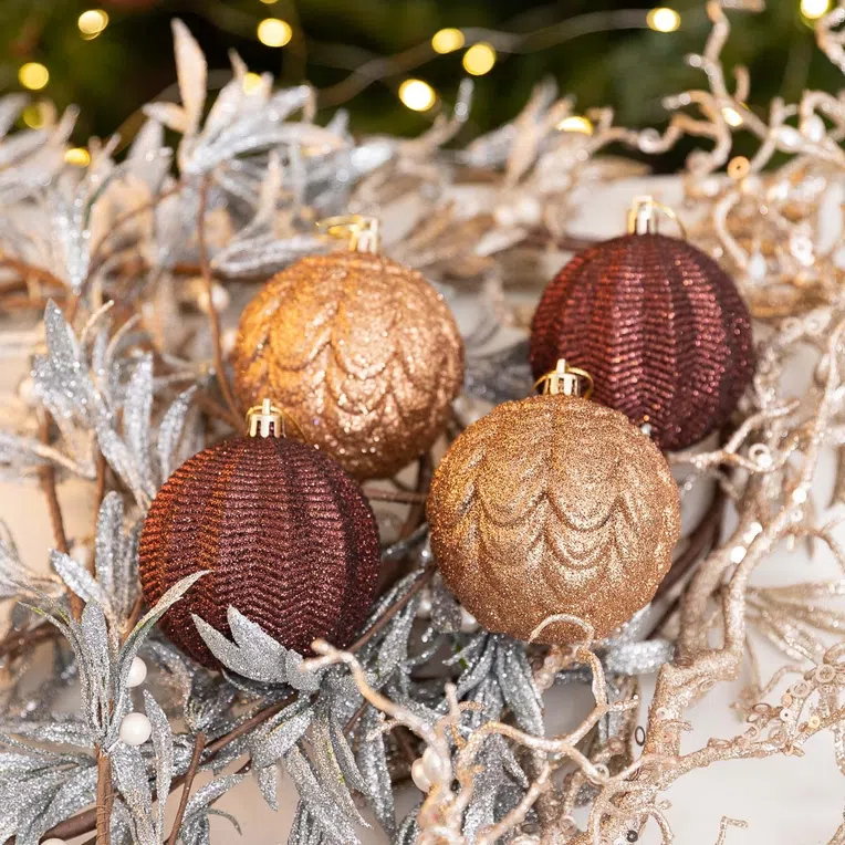 Bombki LANTINA brokatowe brązowe i złote 4 szt 8 cm