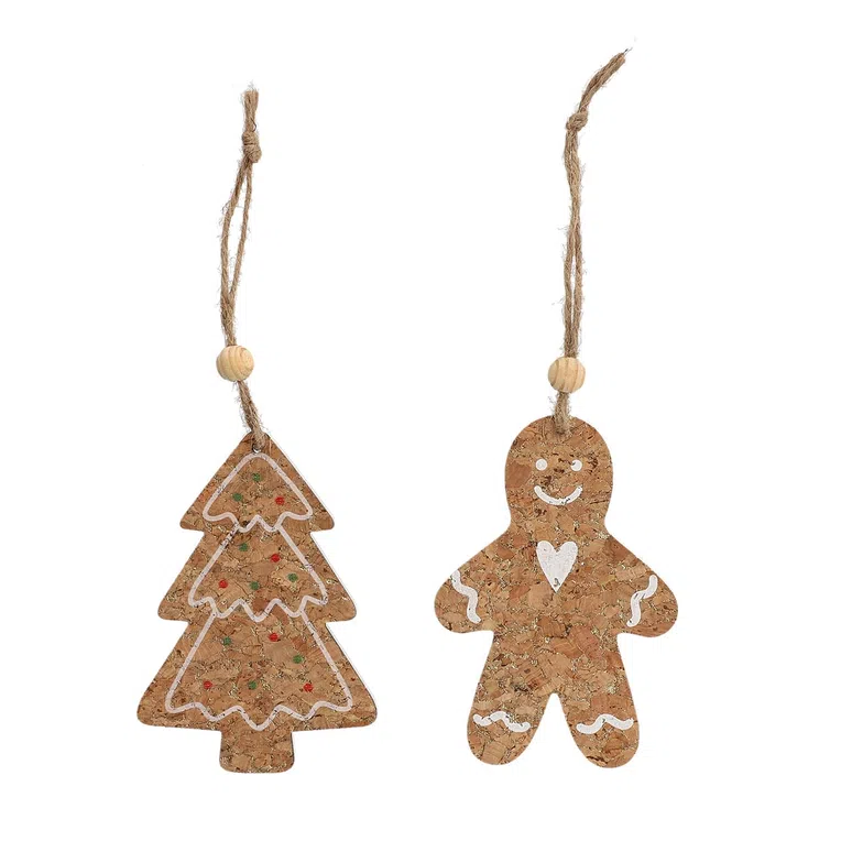 Zawieszka SORANO drewniana choinka i ciastek, 2 szt 11 cm