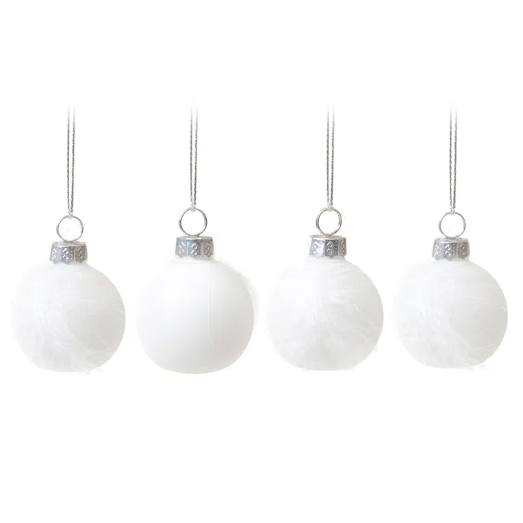 Bombki FJER PICCO białe szklane z piórkami, 4 szt. 4 cm