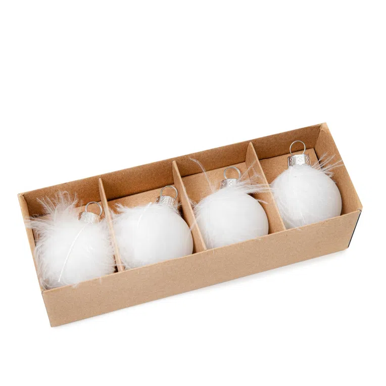 Bombki FJER PICCO białe szklane z piórkami, 4 szt. 4 cm
