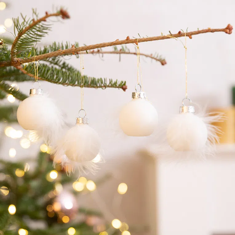 Bombki FJER PICCO białe szklane z piórkami, 4 szt. 4 cm