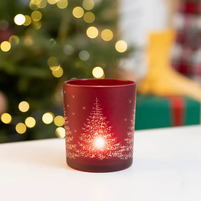 Lampion LANCY średni czerwony z choinką 9x10 cm