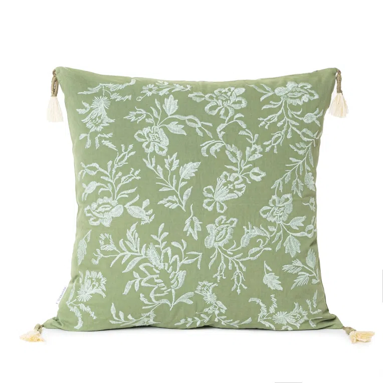 Poszewka TULLY w wyszywane kwiaty z frędzlami oliwkowa 45x45 cm