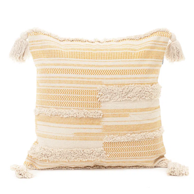 Poszewka BIRAN z frędzlami w musztardowe szlaczki 45x45 cm