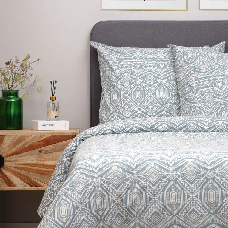 Pościel AZTECA bawełniana niebieska we wzory 160x200 cm