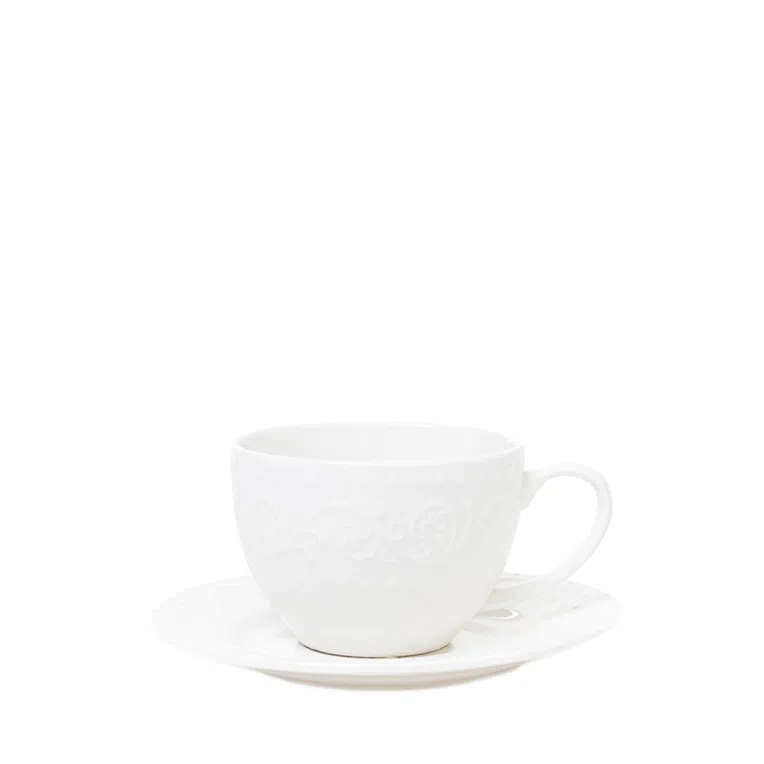 Filiżanka do espresso ze spodkiem SYLIA biała z ornamentem 0,09 l