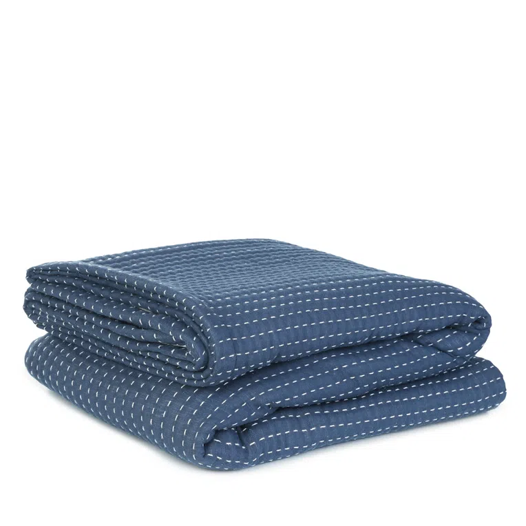 Narzuta SELINA muślinowa z przeszyciami beżowo-niebieska 180x220 cm