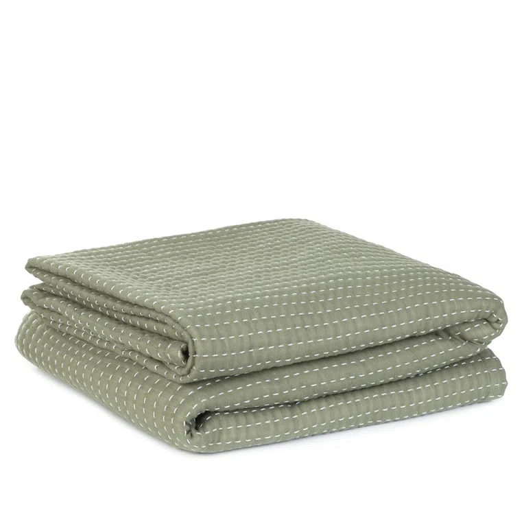 Narzuta SELINA muślinowa z przeszyciami zielono-beżowa 180x220 cm