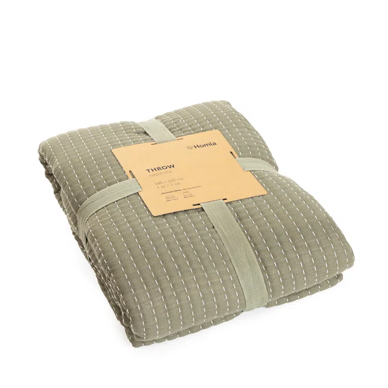 Narzuta SELINA muślinowa z przeszyciami zielono-beżowa 180x220 cm