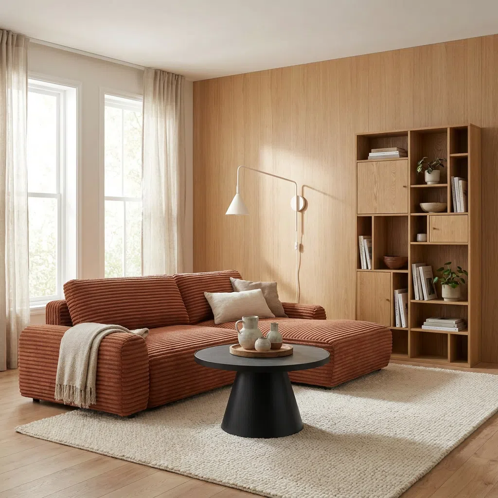 Salon rdzawa sofa drewniana ściana boho