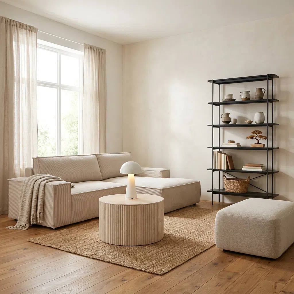 Salon beżowa sofa czarny regal okrągły stolik