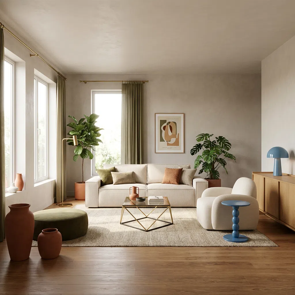 Salon kremowa sofa terakotowe donice boho eko