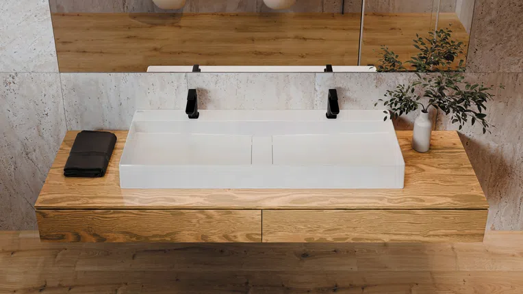 Umywalka nablatowa Deante Blur 120x40 cm prostokątna alabaster CQB_AU2S