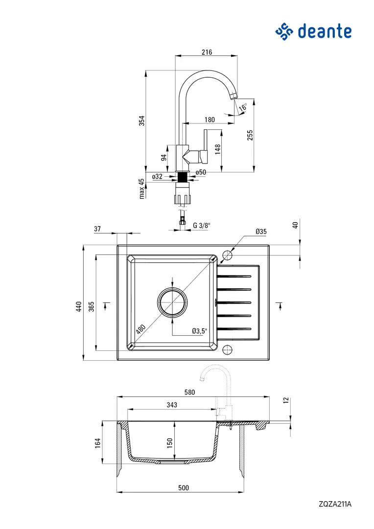 Zlewozmywak z baterią zorba Deante zqza211a