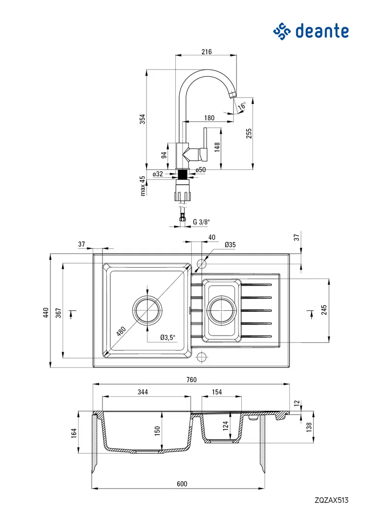 Zlewozmywak z baterią zorba Deante zqza2513