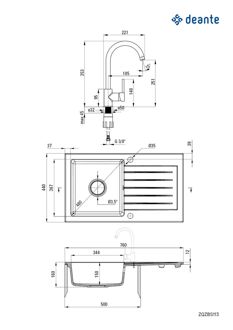Zlewozmywak z baterią zorba Deante zqzvn113