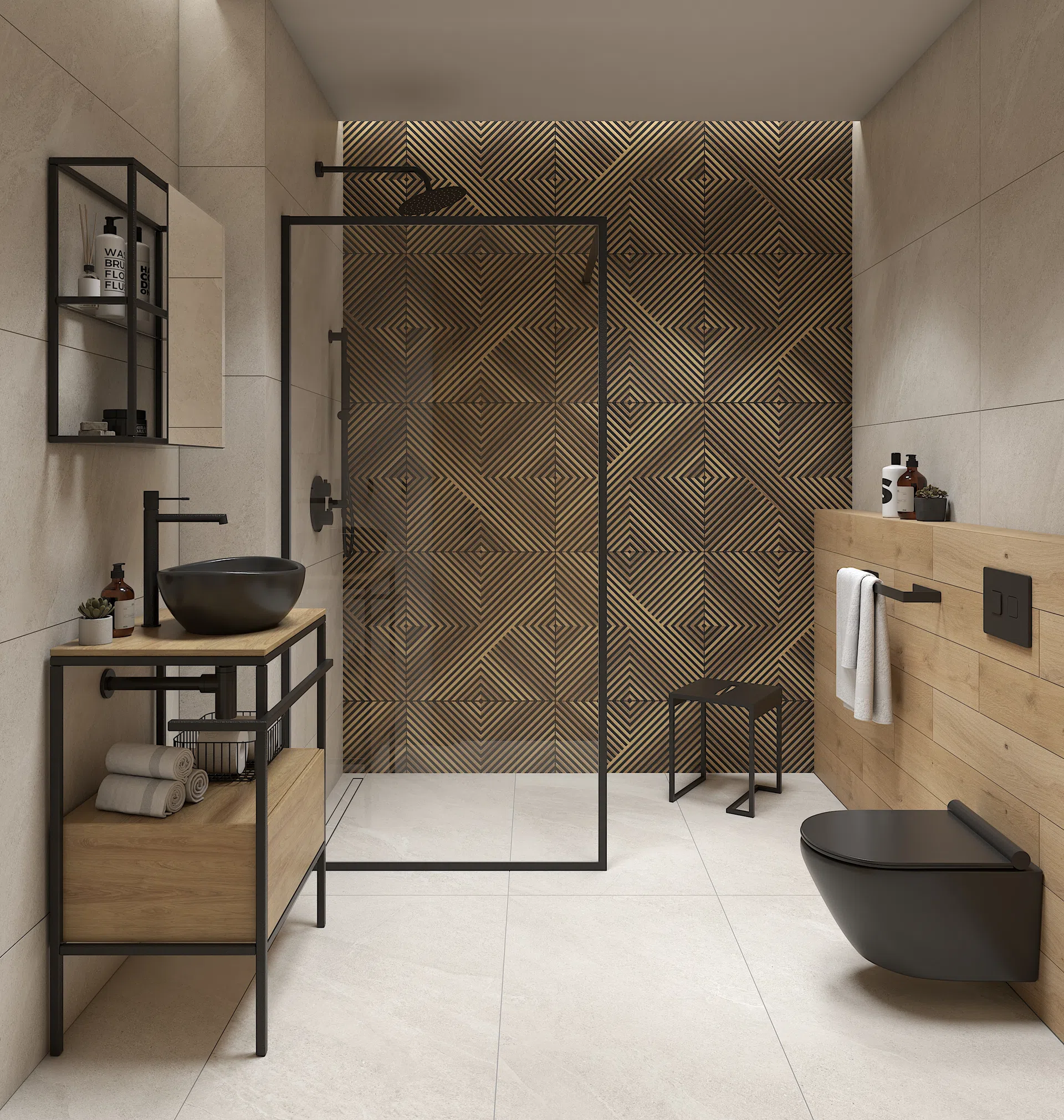 Łazienka z czarną umywalką