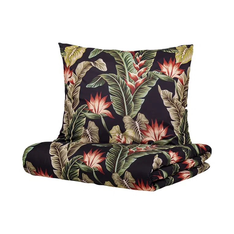 Pościel BELAGA z mikrofibry czarna w liście i kwiaty 160x200 cm