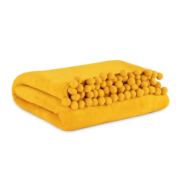 Koc HJO z pomponami musztardowy 150x200 cm