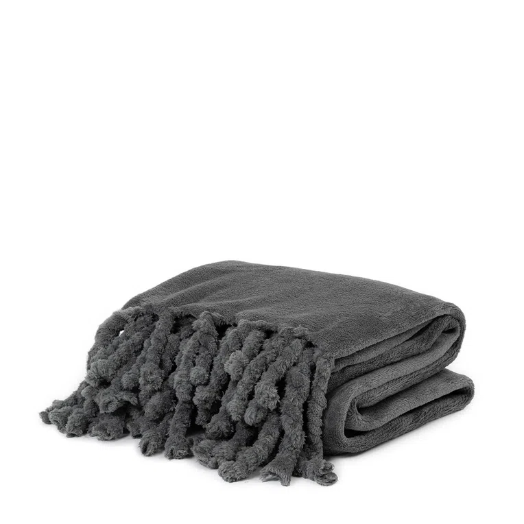 Koc BRAID gładki z frędzlami szary 130x190 cm