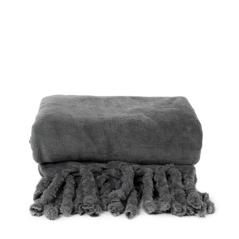 Koc BRAID gładki z frędzlami szary 130x190 cm