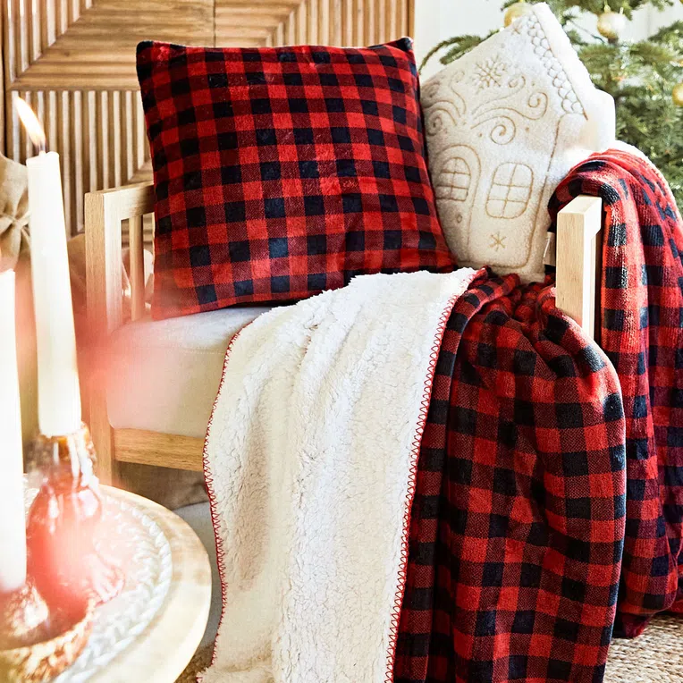 Koc AMERI w kratę z szerpą czerwony 150x200 cm