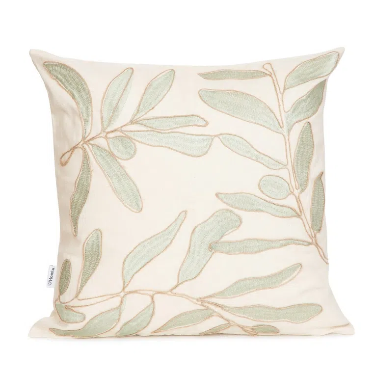 Poszewka FREJA w wyszywane liście beżowa 45x45 cm