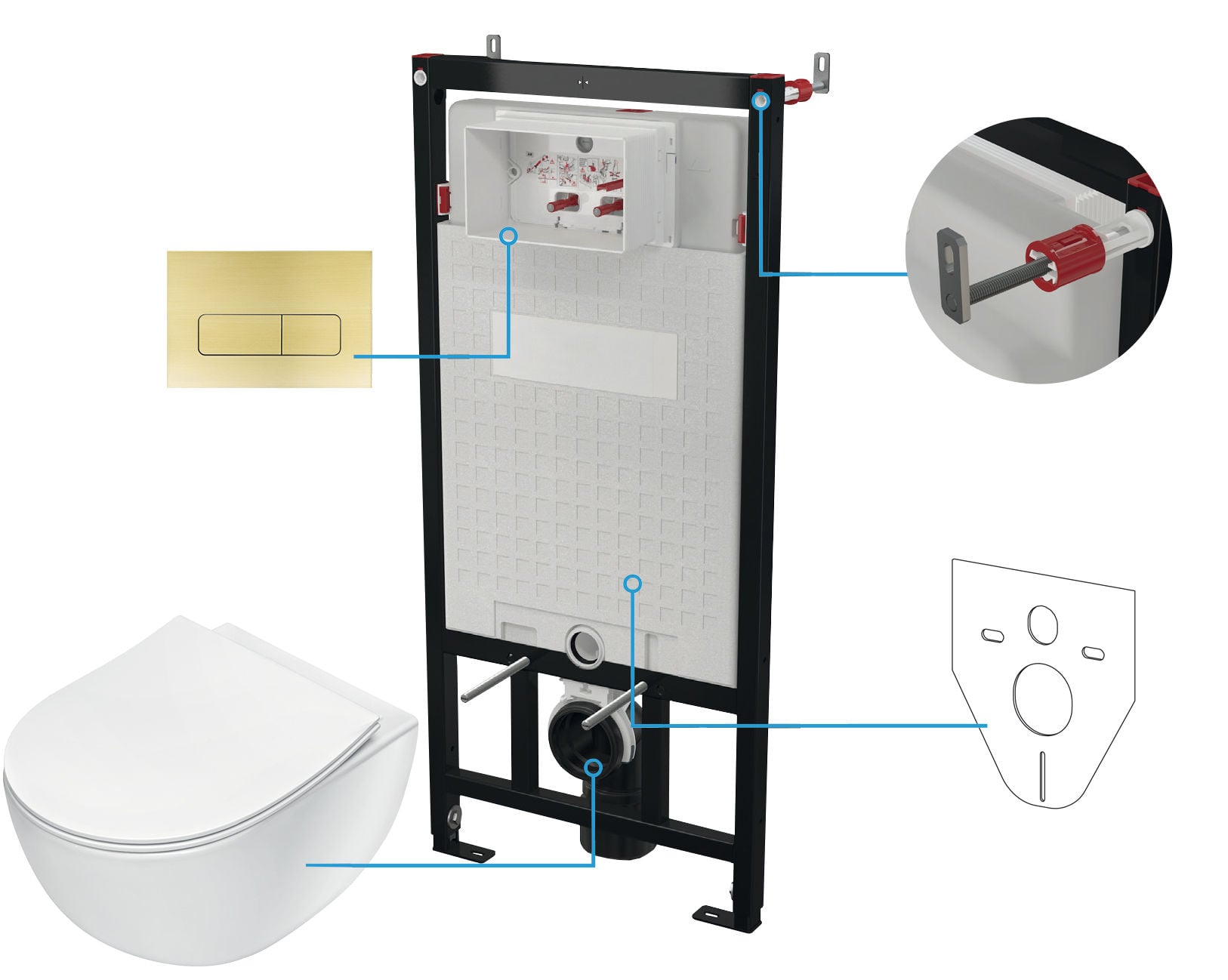 Zestaw Podtynkowy Deante Miska WC z deską Peonia Stelaż z przyciskiem złoty szczotkowany CDER6ZPW