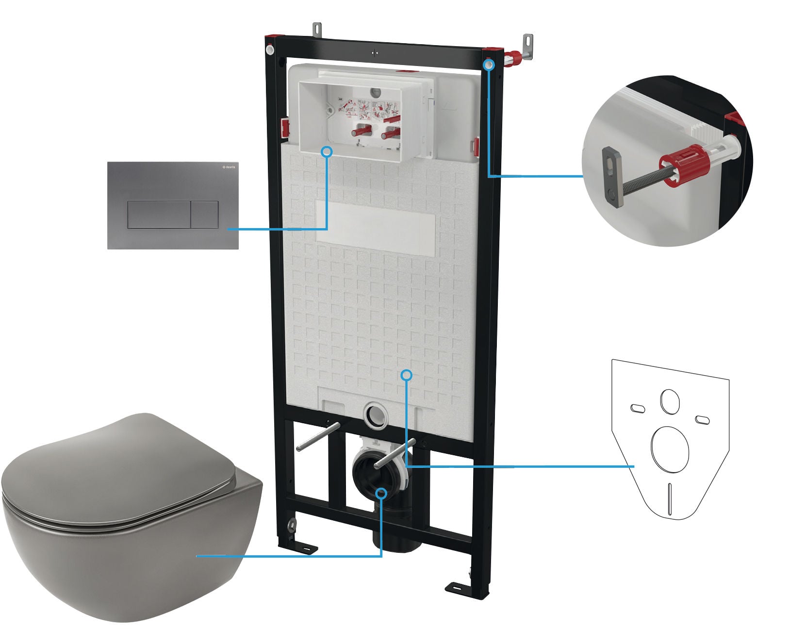 Zestaw Podtynkowy Deante Miska WC z deską Peonia antracyt Stelaż z przyciskiem titanium CDETDZPW