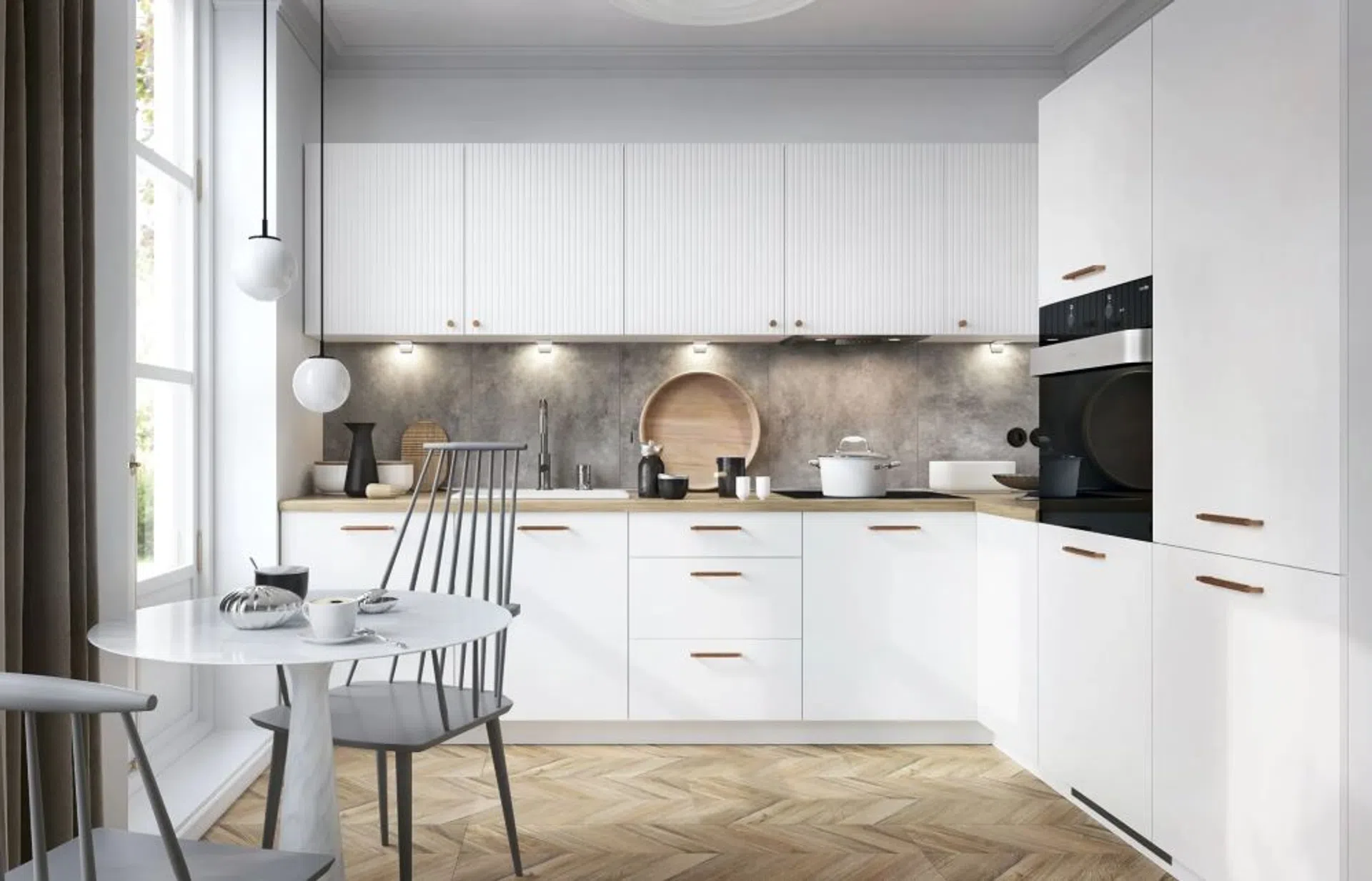 Biała kuchnia z drewnianym blatem – jaka podłoga? Ponadczasowe propozycje