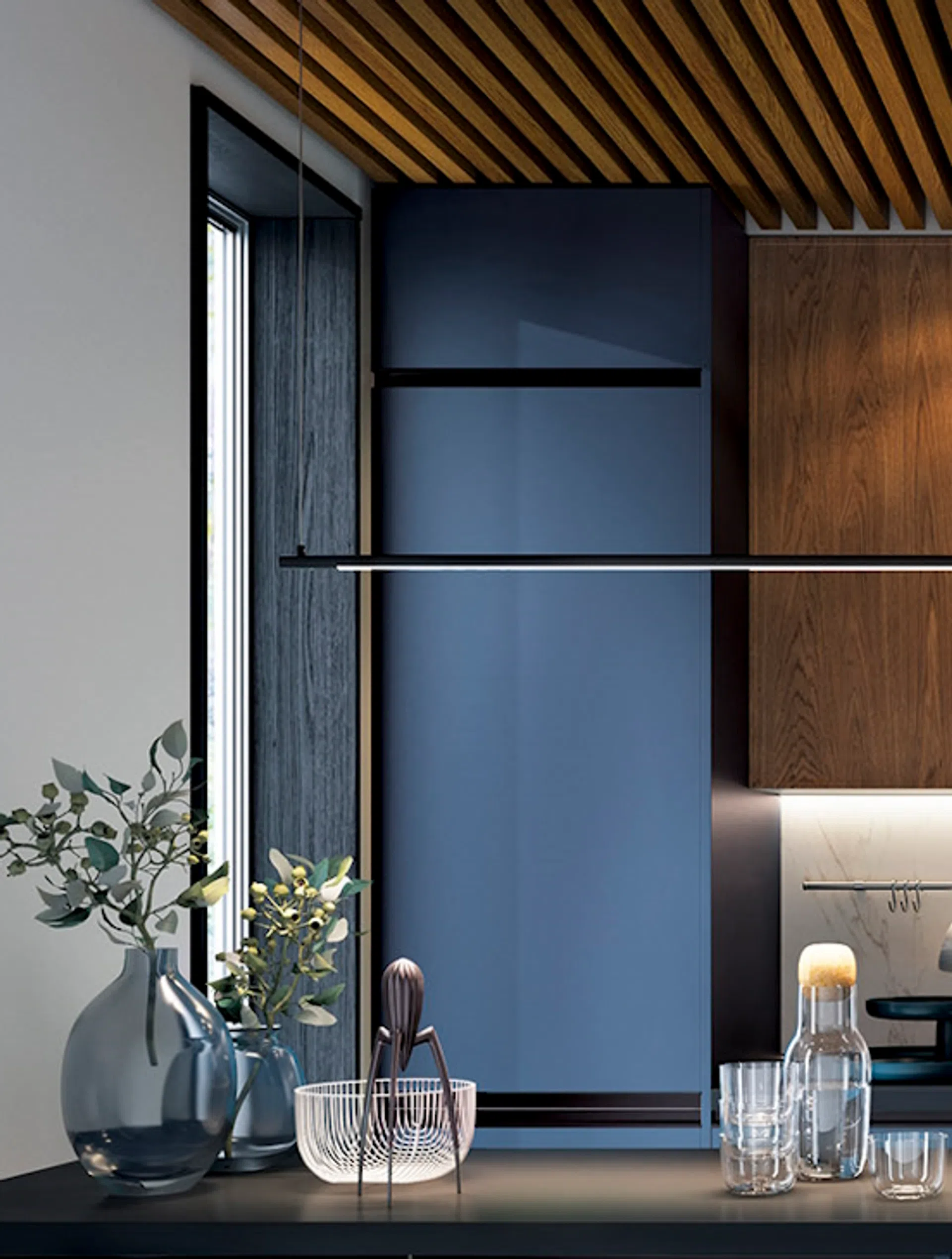 Granatowa kuchnia z drewnem