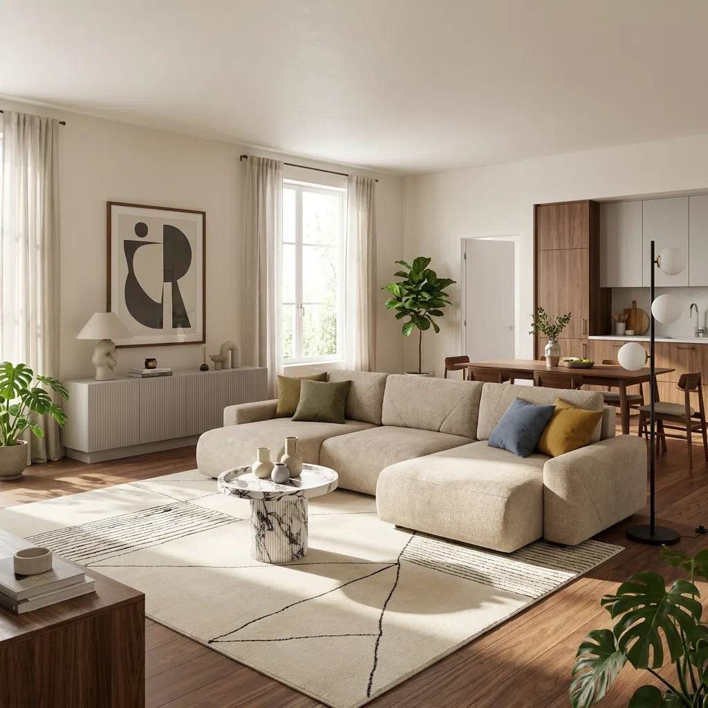 Zestaw salon nowoczesny beżowa sofa marmurowy stolik