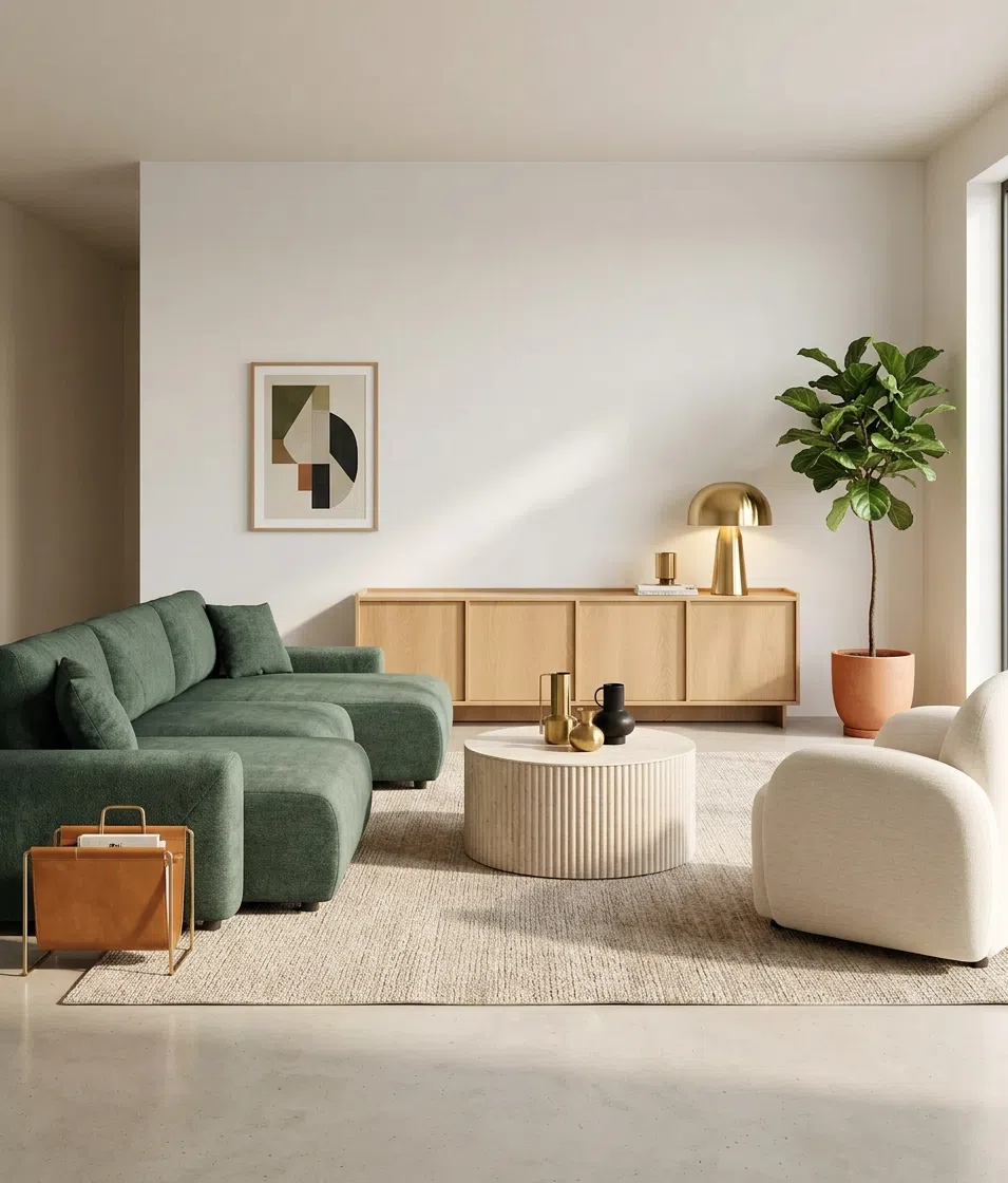 Salon zielona sofa kremowy fotel drewniana komoda