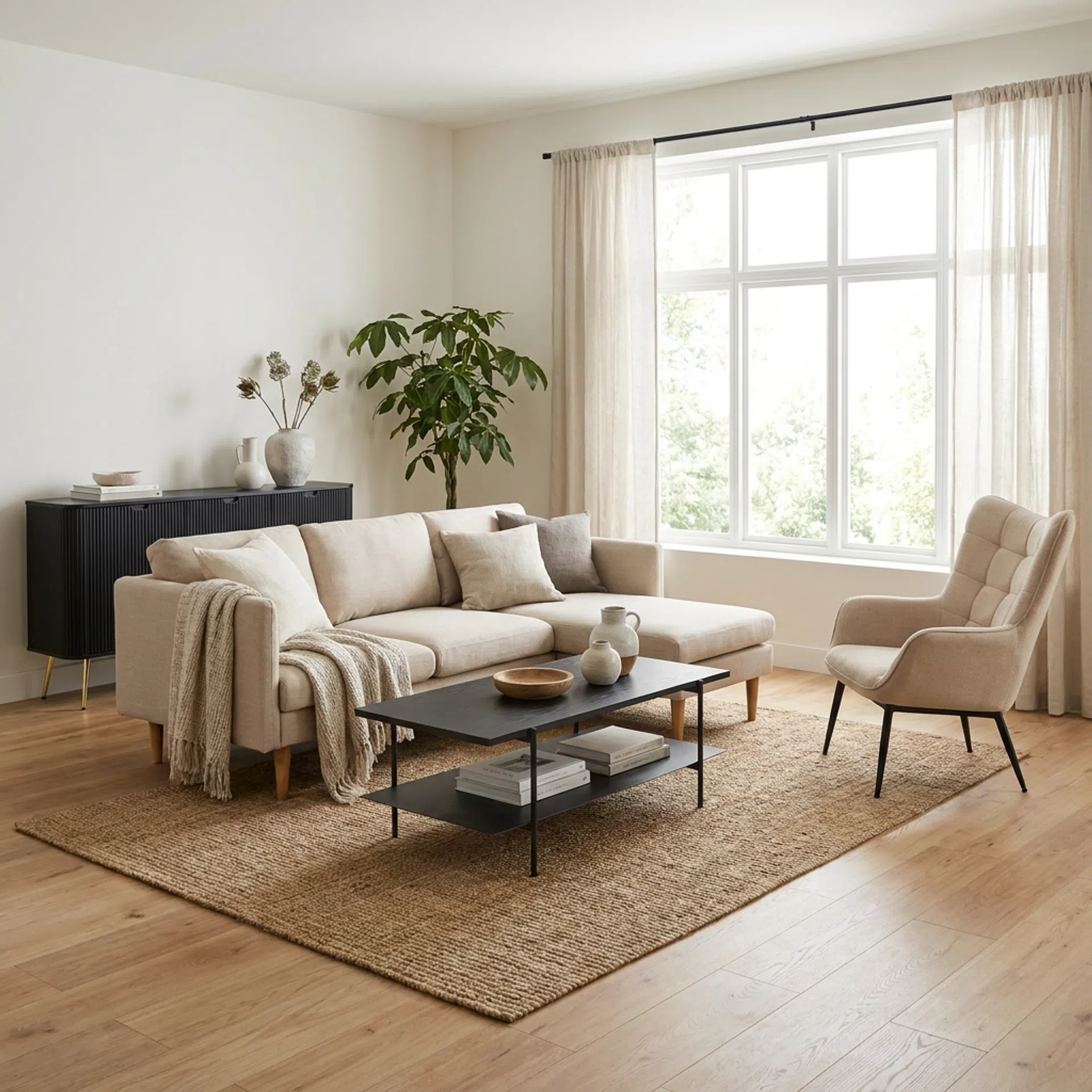 Minimalistyczny salon z czarnymi dodatkami