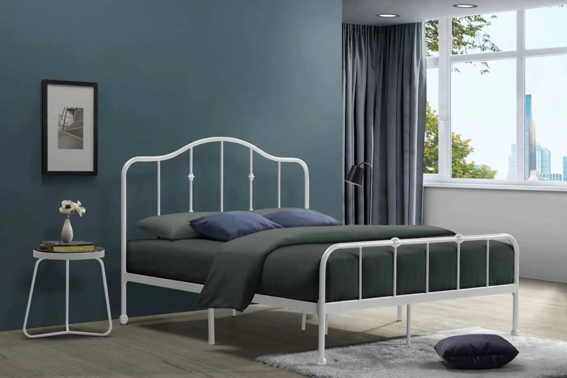 metalowe łóżko w stylowej aranżacji