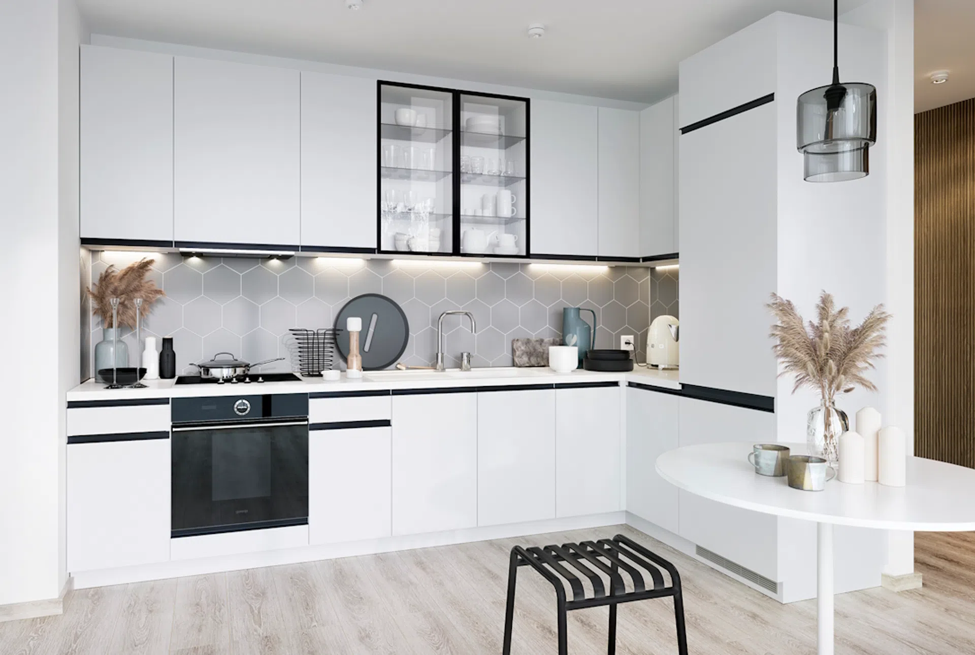 Biała kuchnia z czarnymi dodatkami
