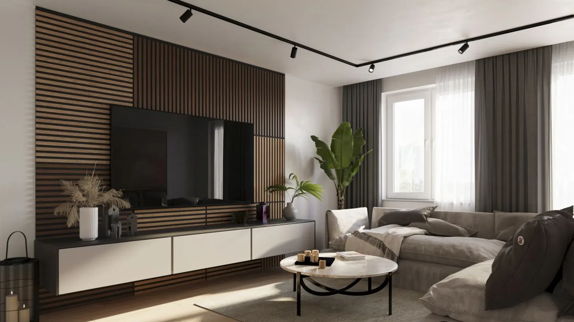 lamele na ścianie za TV