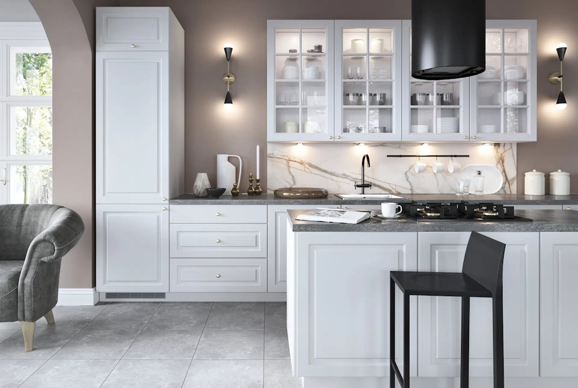 Biała kuchnia połączona z salonem